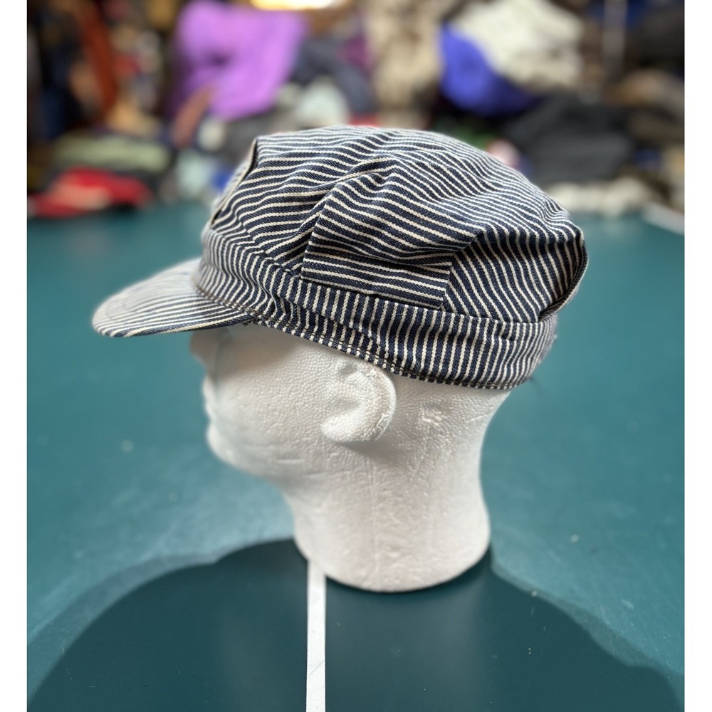 Vintage Hickory Stripe Engineer Cap Blue White Railroad Workwear Hat Size 7